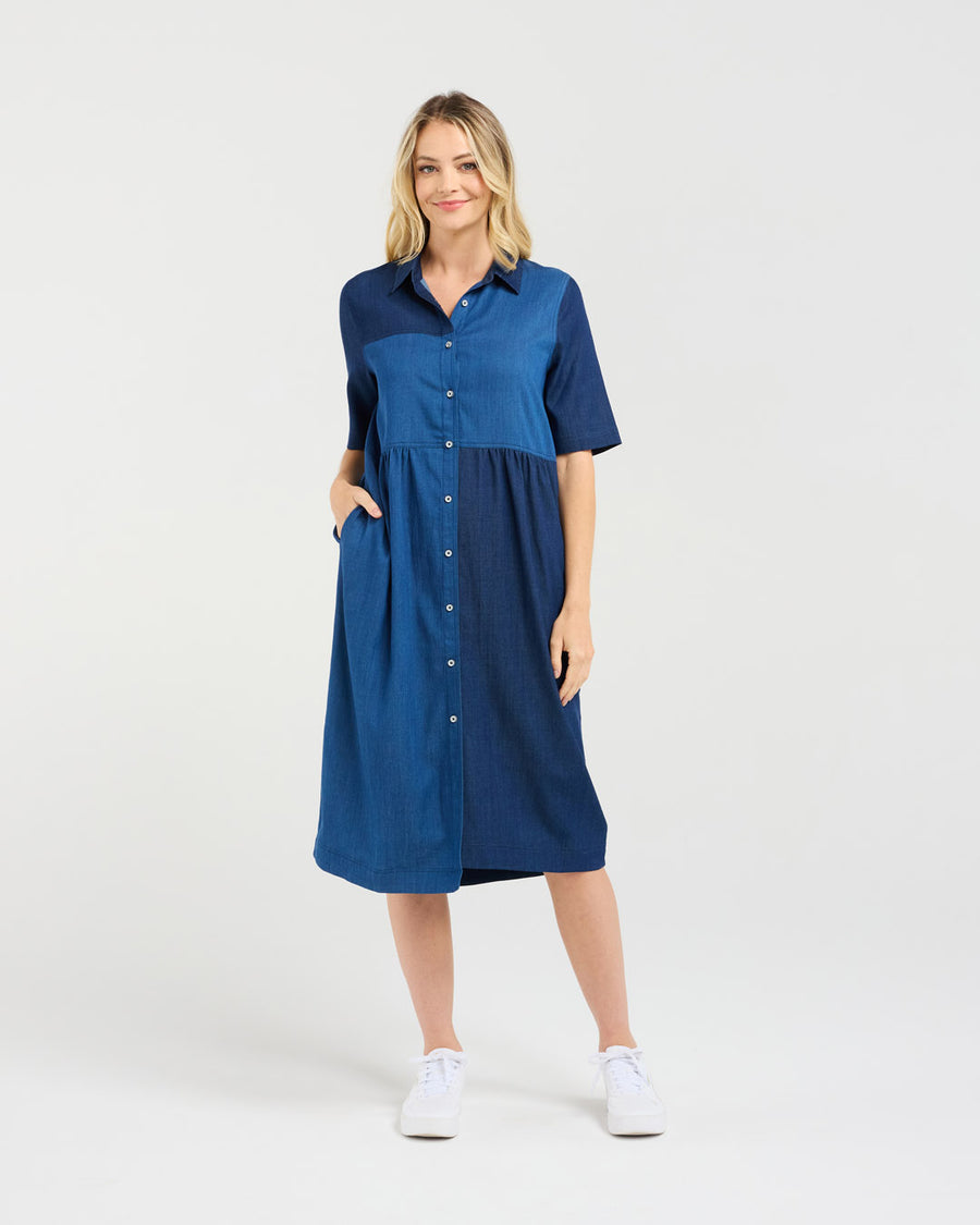 Elise Patchwork Denim Dress | Blackstone