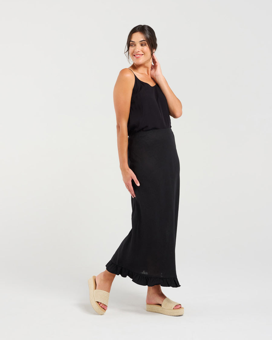 Carine Frill Hem Linen Skirt | Black | Blackstone