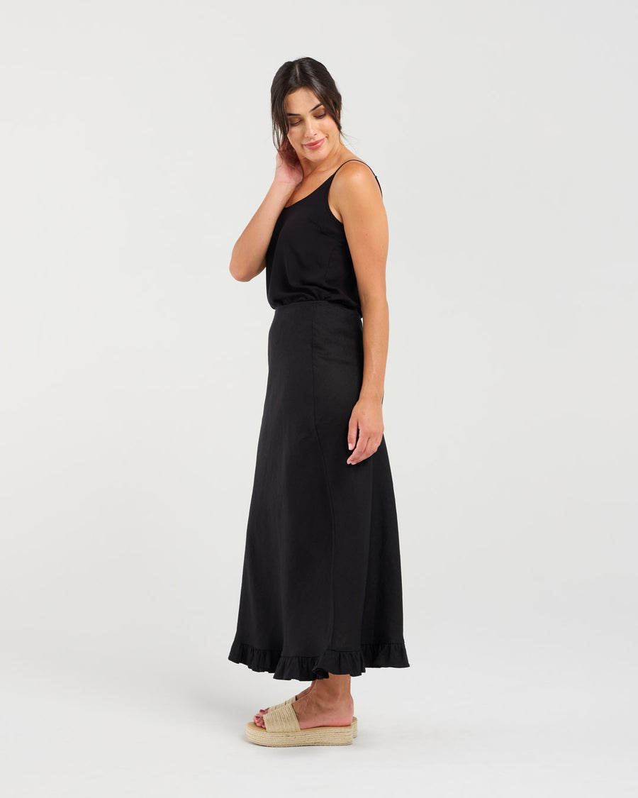 Carine Frill Hem Linen Skirt | Black | Blackstone