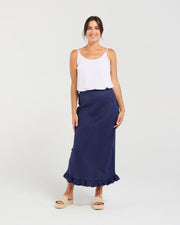 Carine Frill Hem Linen Skirt | Navy | Blackstone