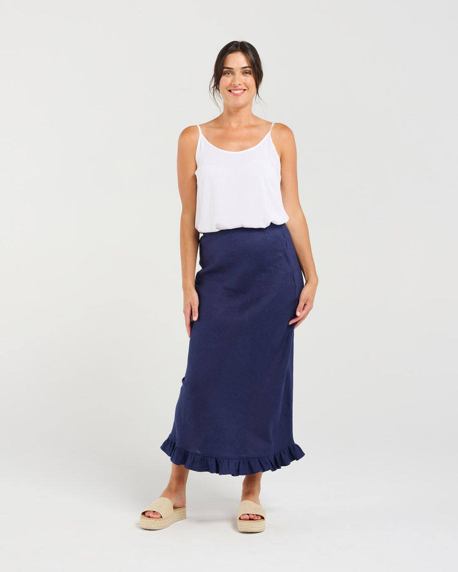 Carine Frill Hem Linen Skirt | Navy | Blackstone