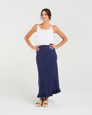 Carine Frill Hem Linen Skirt | Navy | Blackstone