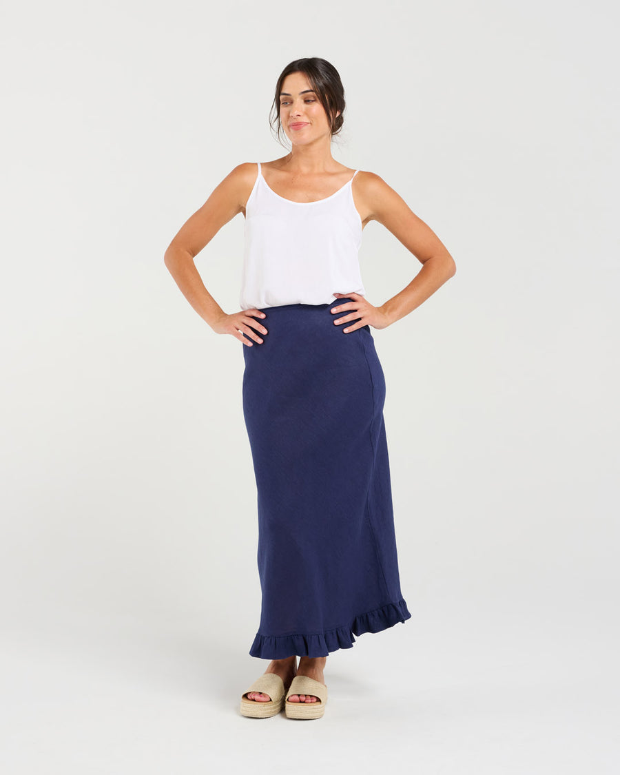 Carine Frill Hem Linen Skirt | Navy | Blackstone