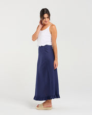 Carine Frill Hem Linen Skirt | Navy | Blackstone