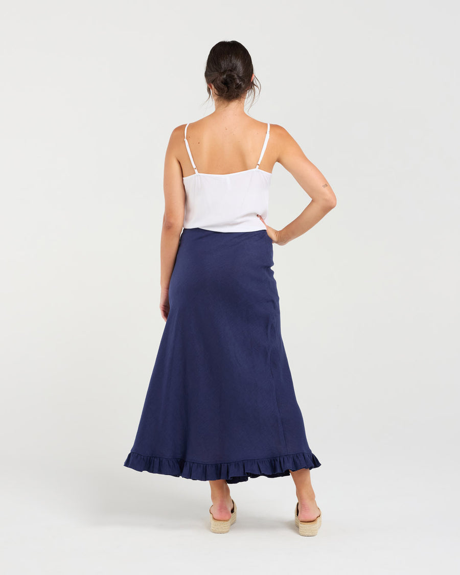 Carine Frill Hem Linen Skirt | Navy | Blackstone