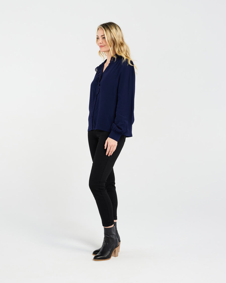 Amelia Lace Trim Shirt | Navy | Blackstone
