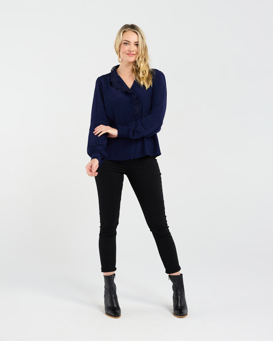 Amelia Lace Trim Shirt | Navy | Blackstone