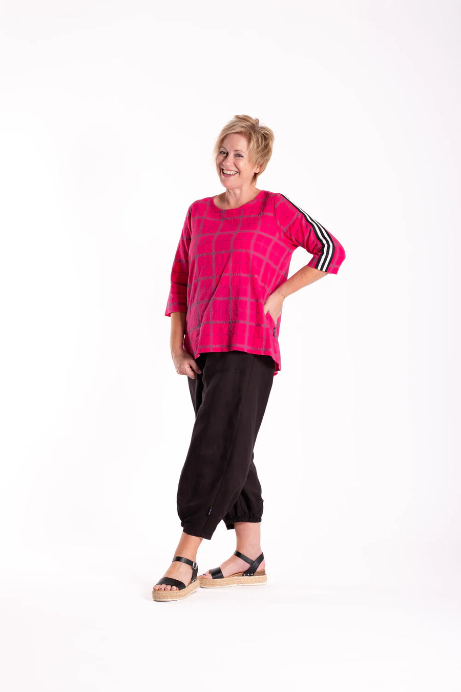 Pleat Back Top | Pink Chq | Jellicoe