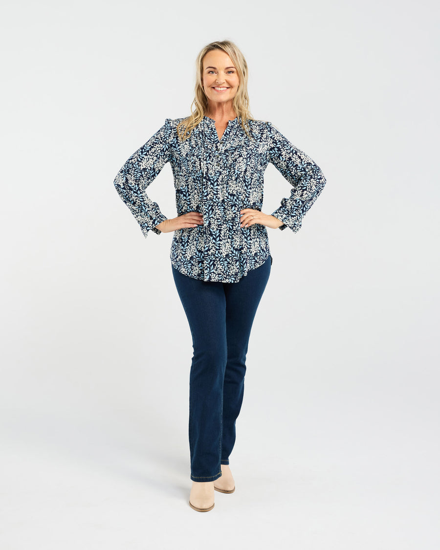 Ellie Pintuck Front Blouse | Navy Jasmine | Blackstone