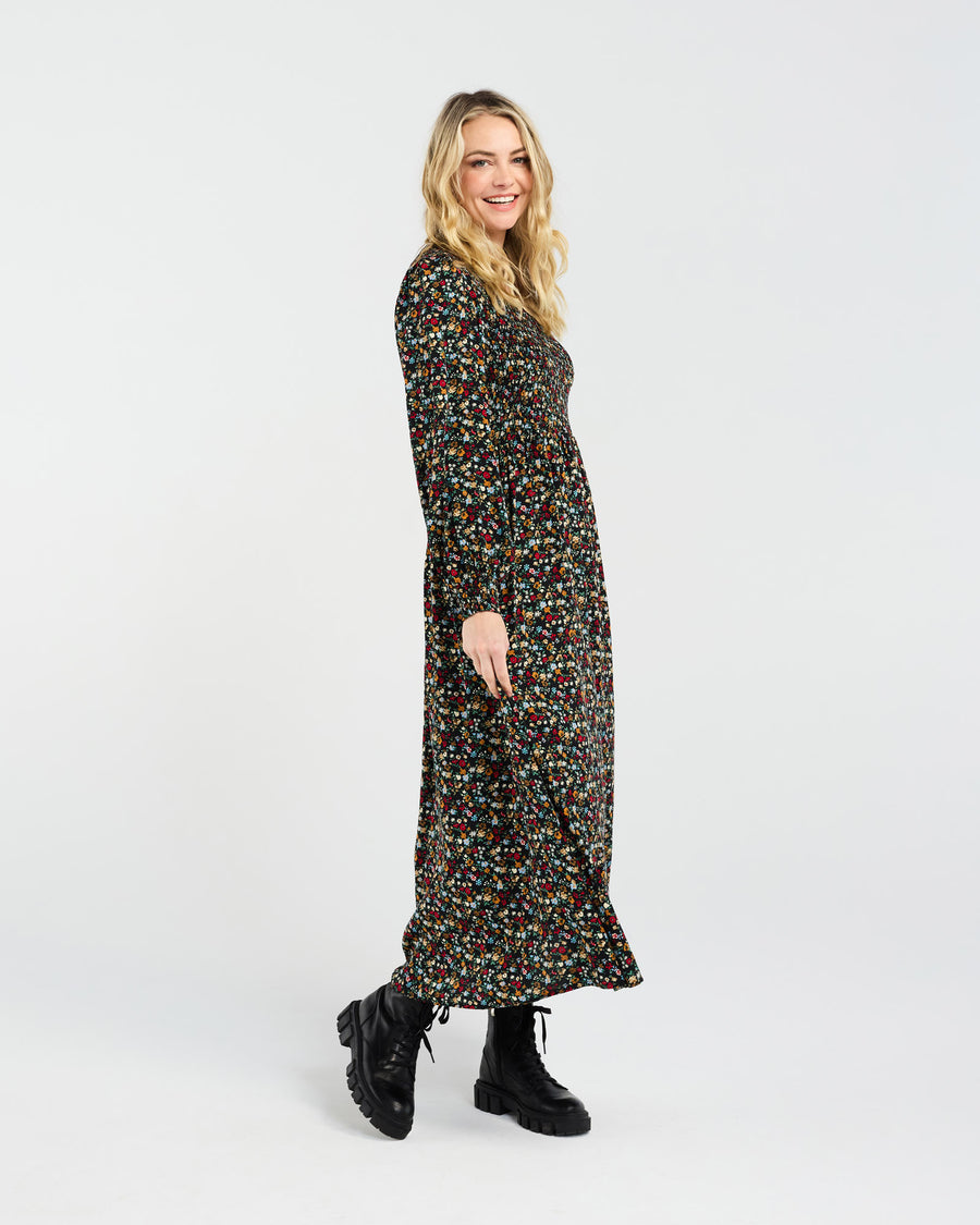 Sienna Shirred Dress | Black Retro Floral | Blackstone
