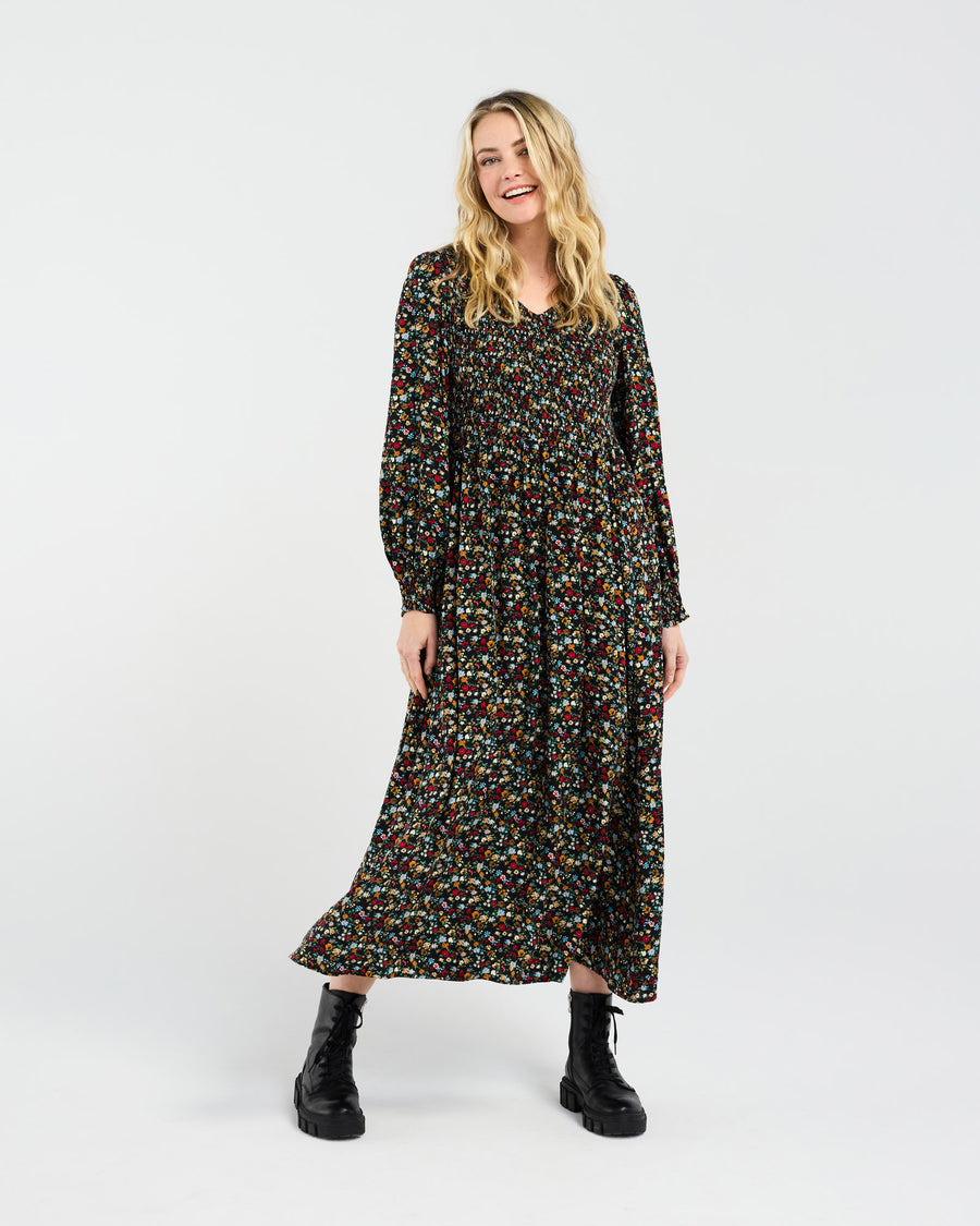Sienna Shirred Dress | Black Retro Floral | Blackstone