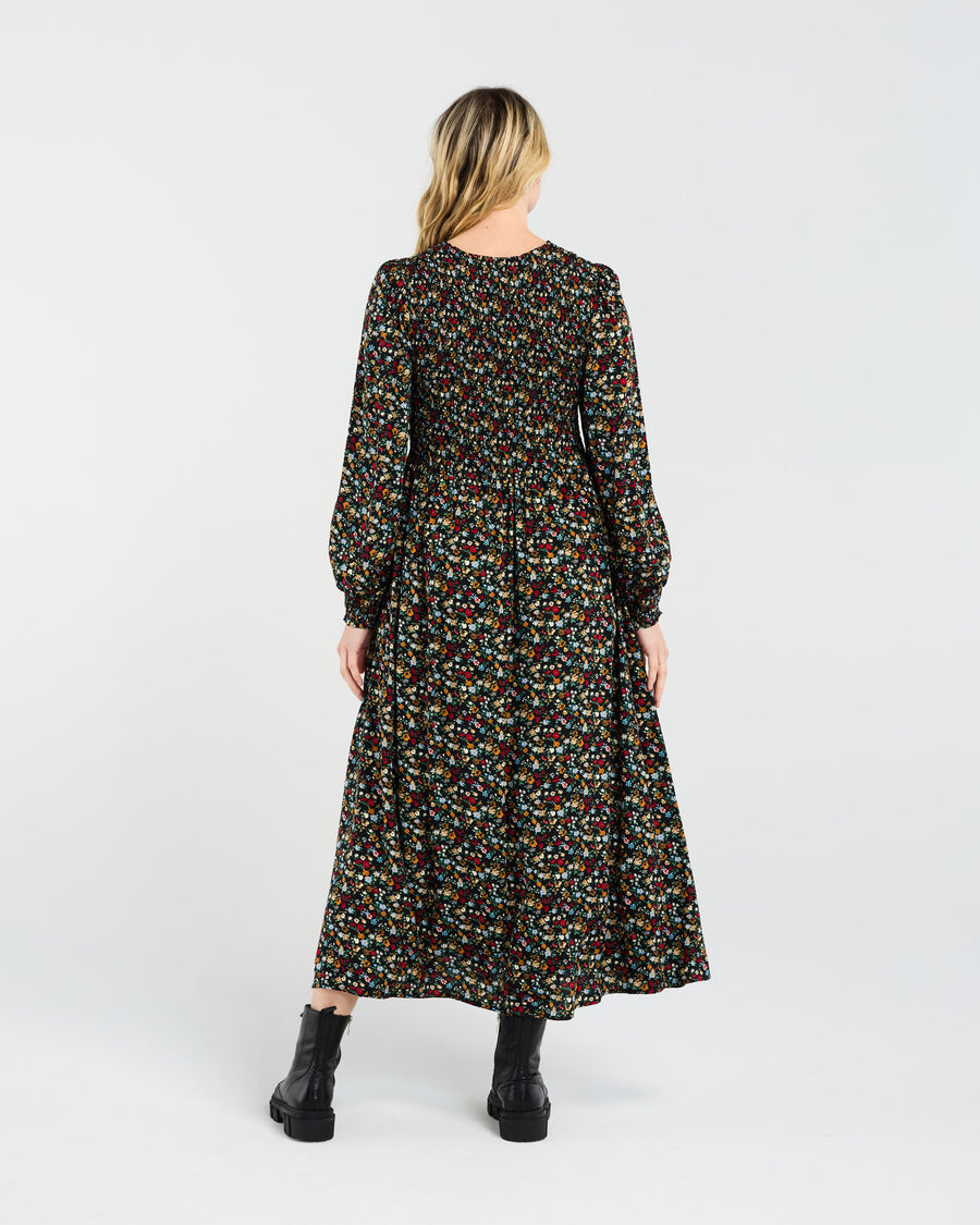 Sienna Shirred Dress | Black Retro Floral | Blackstone