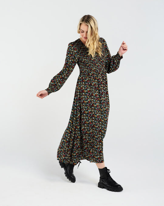 Sienna Shirred Dress | Black Retro Floral | Blackstone