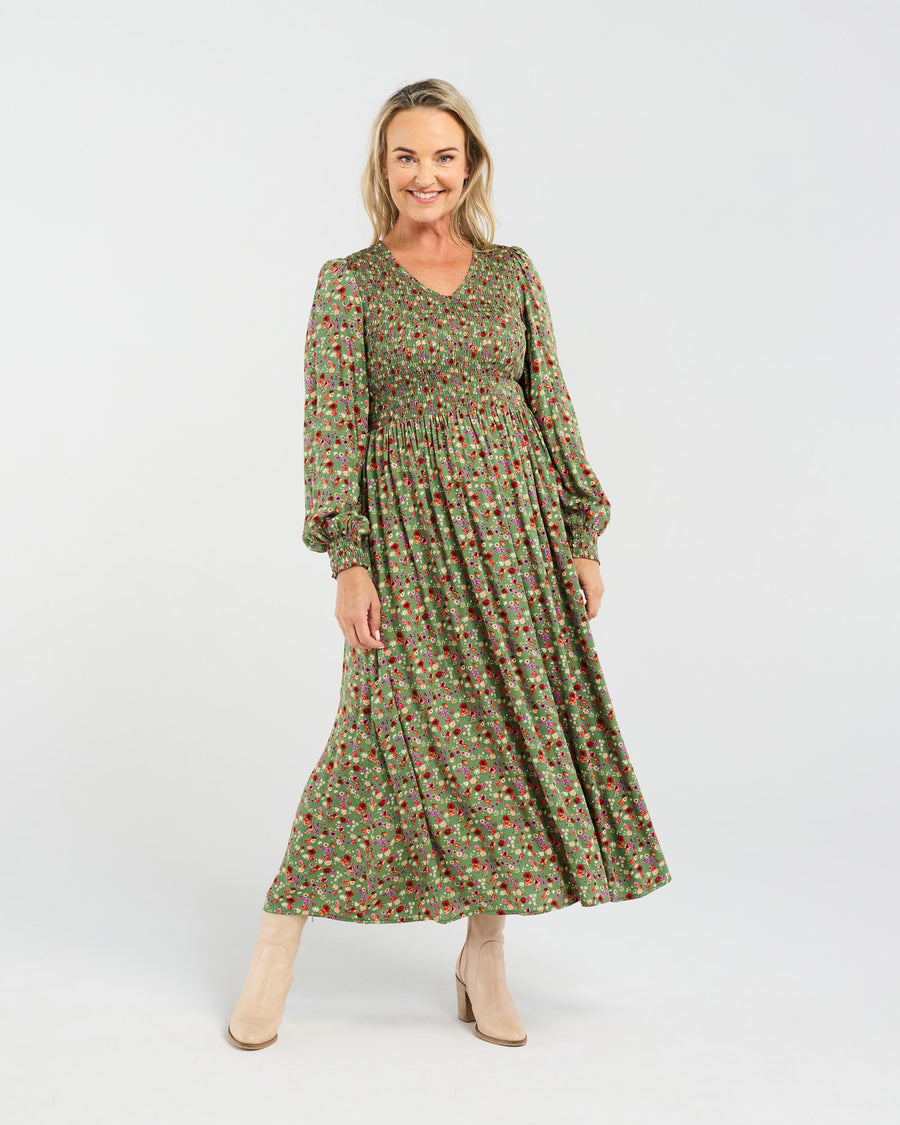Sienna Shirred Dress | Olive Retro Floral | Blackstone