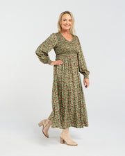 Sienna Shirred Dress | Olive Retro Floral | Blackstone