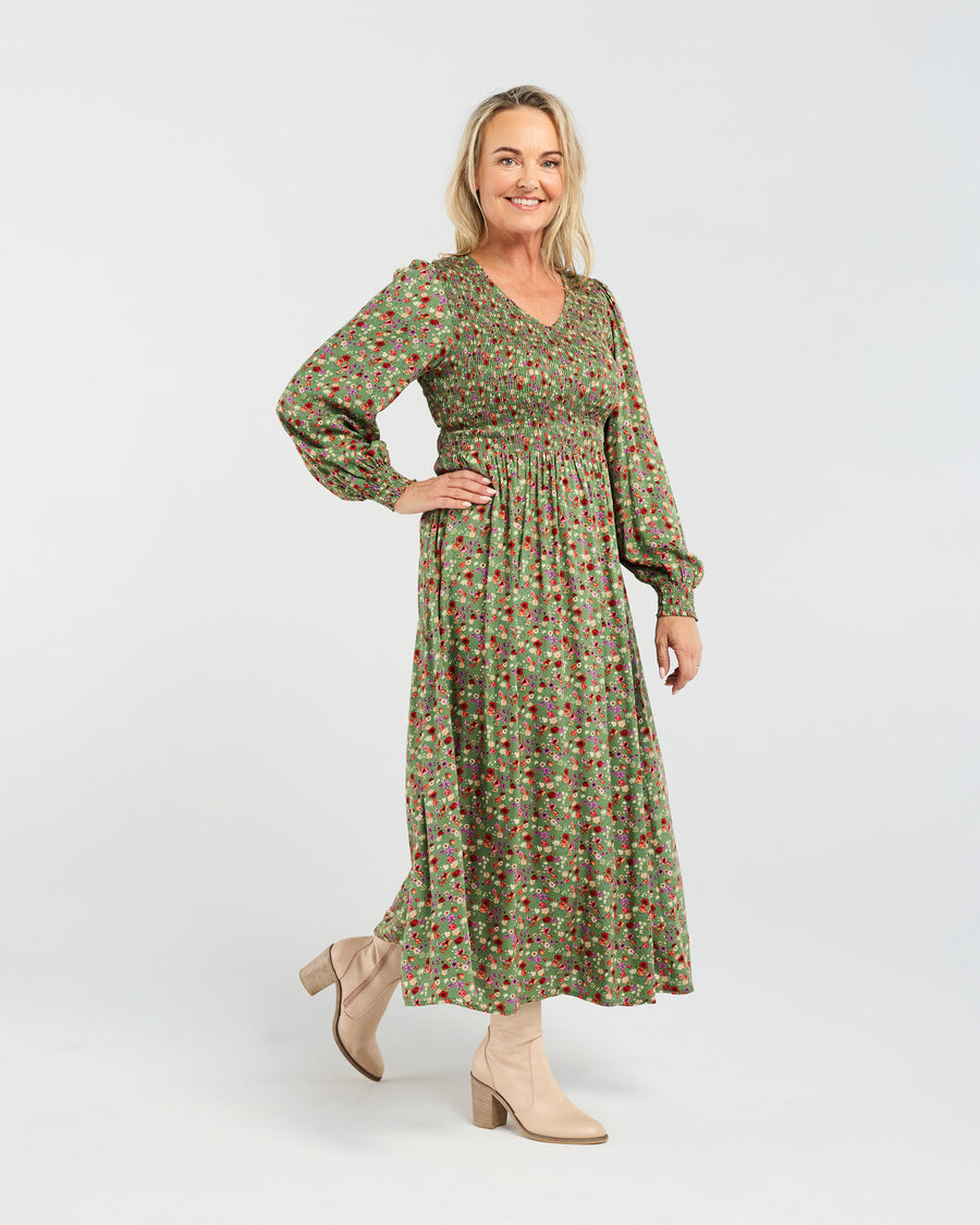 Sienna Shirred Dress | Olive Retro Floral | Blackstone