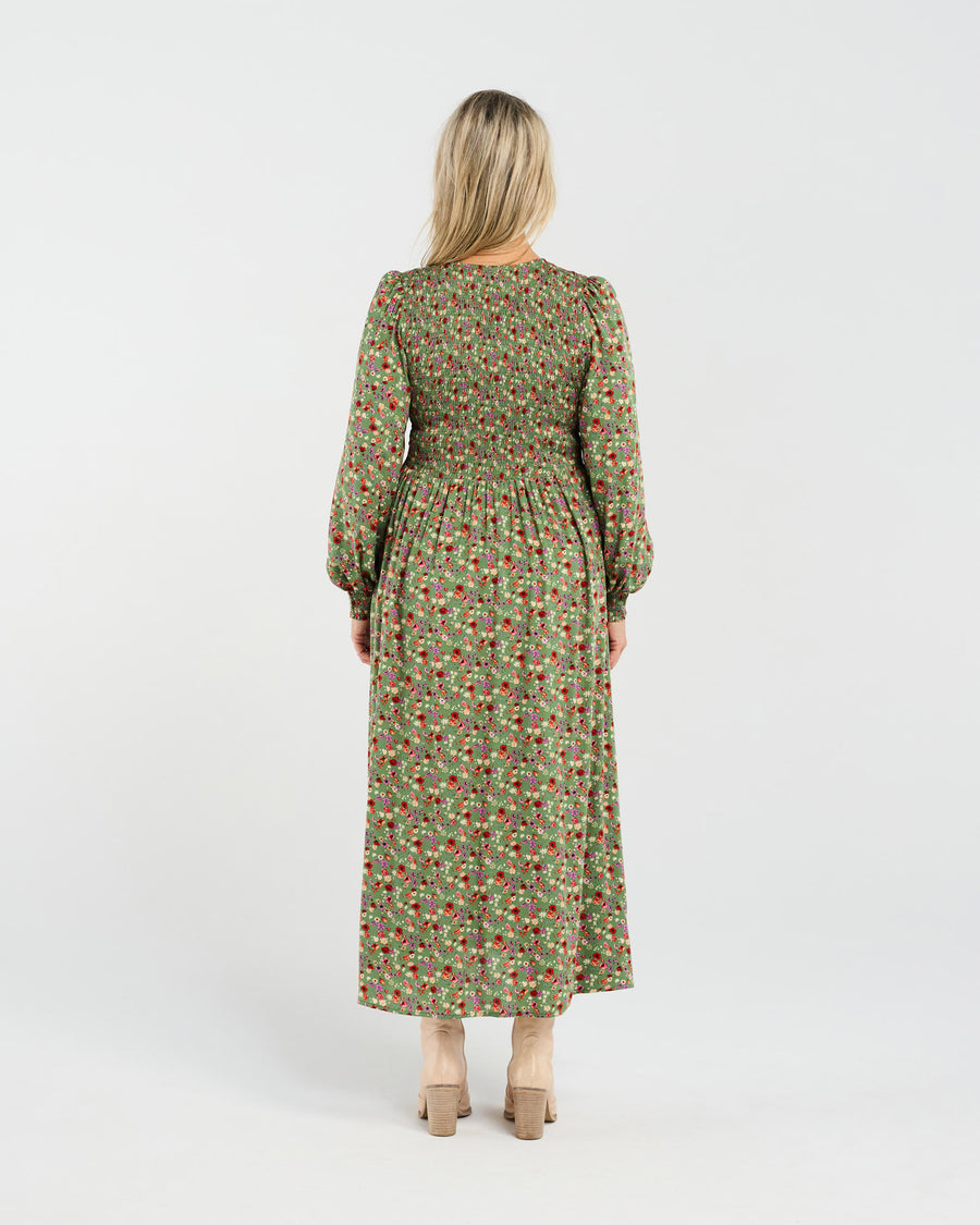 Sienna Shirred Dress | Olive Retro Floral | Blackstone