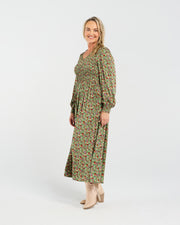 Sienna Shirred Dress | Olive Retro Floral | Blackstone