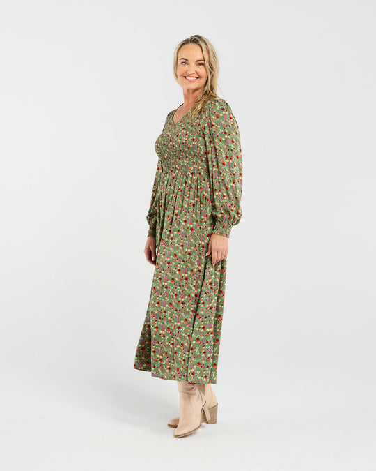 Sienna Shirred Dress | Olive Retro Floral | Blackstone