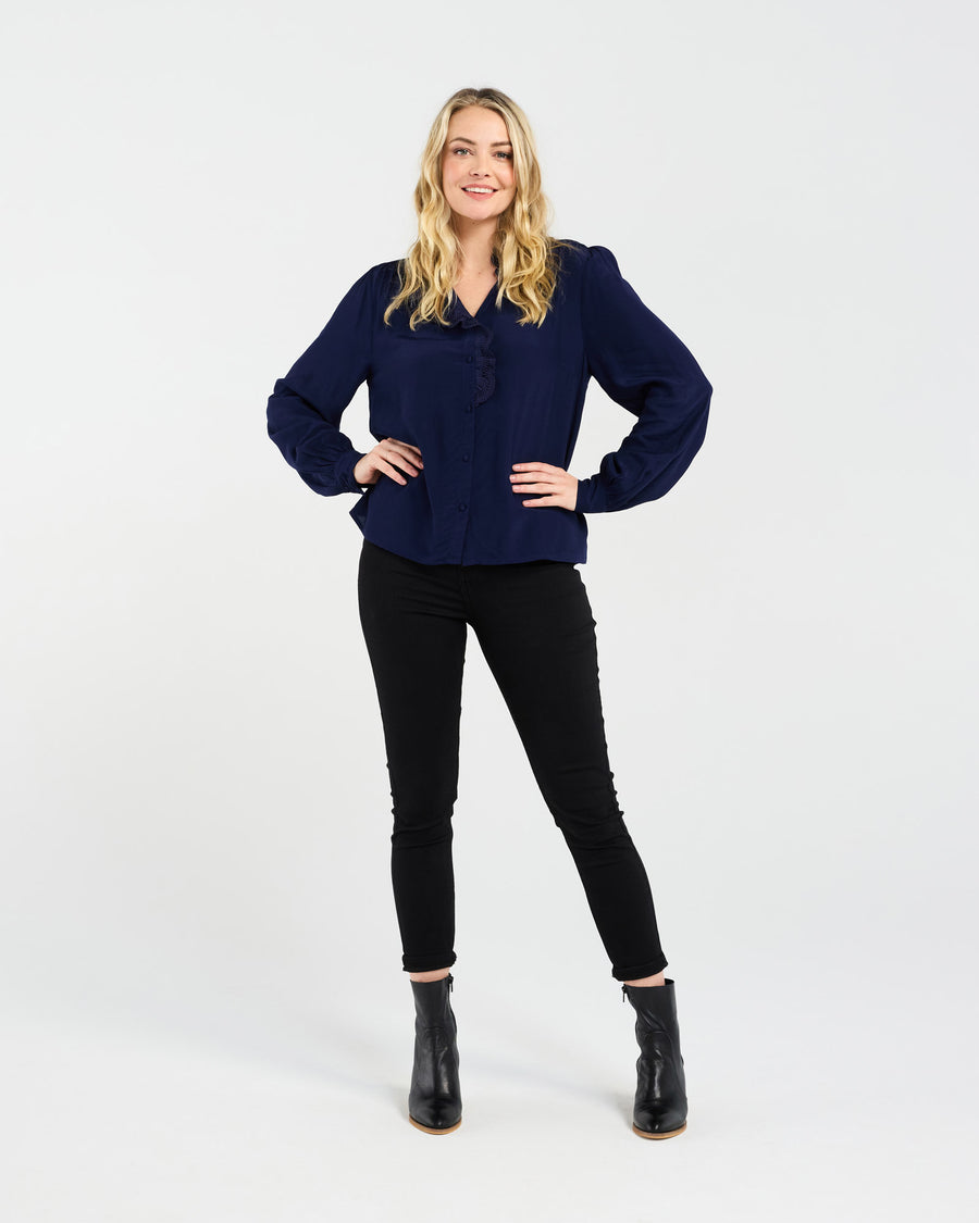 Amelia Lace Trim Shirt | Navy | Blackstone