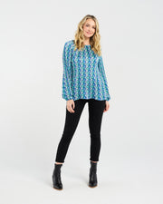 Anya Pleat Top | Blue Art Deco | Blackstone