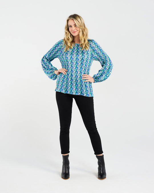Anya Pleat Top | Blue Art Deco | Blackstone