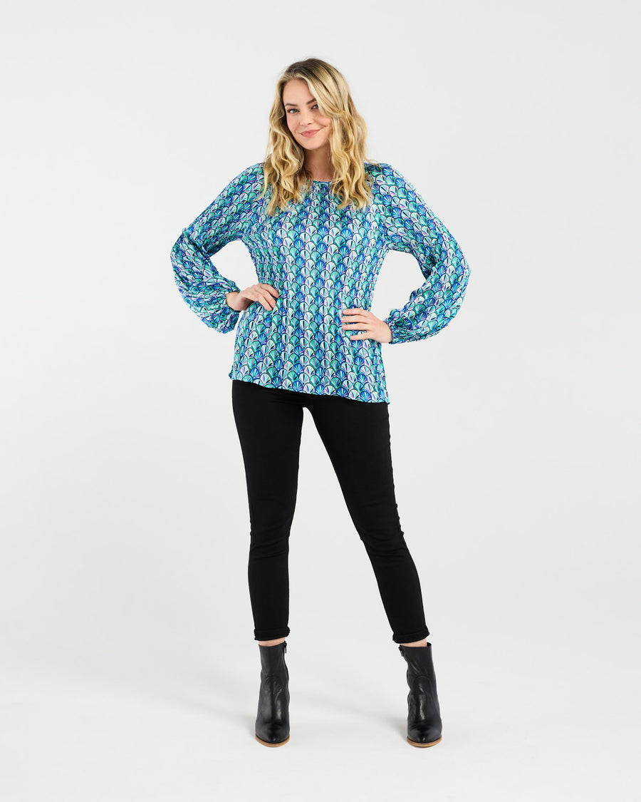 Anya Pleat Top | Blue Art Deco | Blackstone
