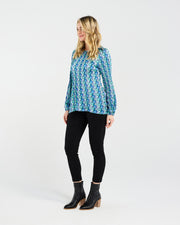 Anya Pleat Top | Blue Art Deco | Blackstone