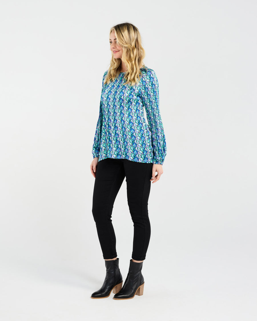 Anya Pleat Top | Blue Art Deco | Blackstone