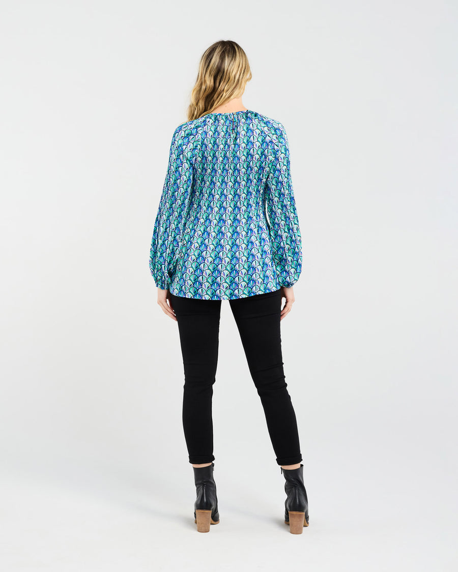 Anya Pleat Top | Blue Art Deco | Blackstone