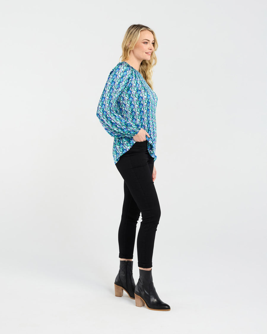 Anya Pleat Top | Blue Art Deco | Blackstone
