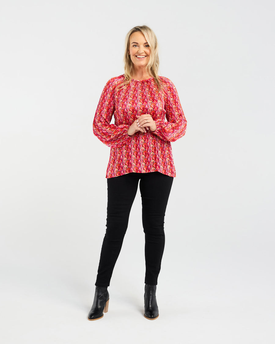 Anya Pleat Top | Pink Art Deco | Blackstone