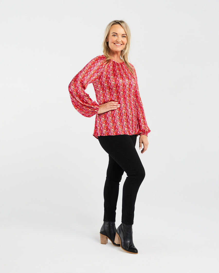 Anya Pleat Top | Pink Art Deco | Blackstone